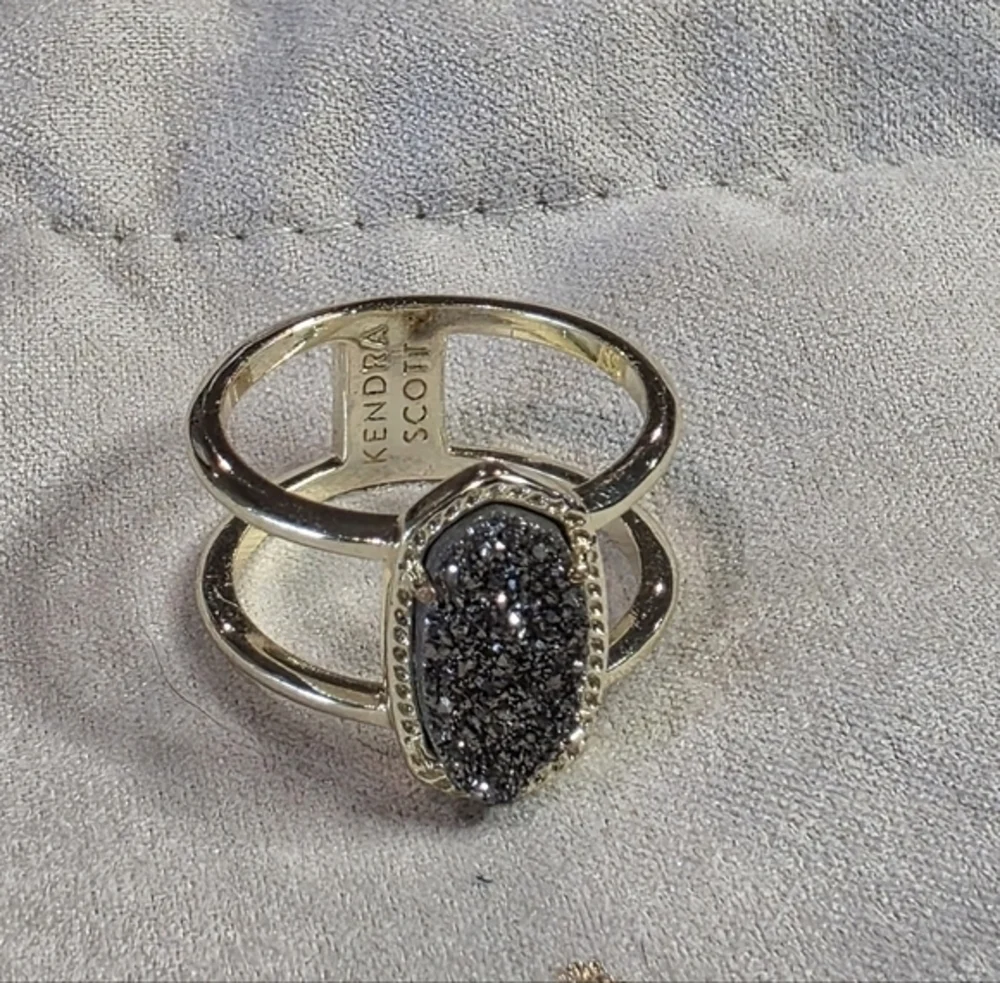 Kendra Scott Elisa Ring Gold Plated‎ Dark Gray Druzy Double Band Size 7